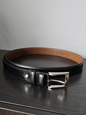 Men's Black Leather Dress Belt with Silver Buckle - Classic Formal Style